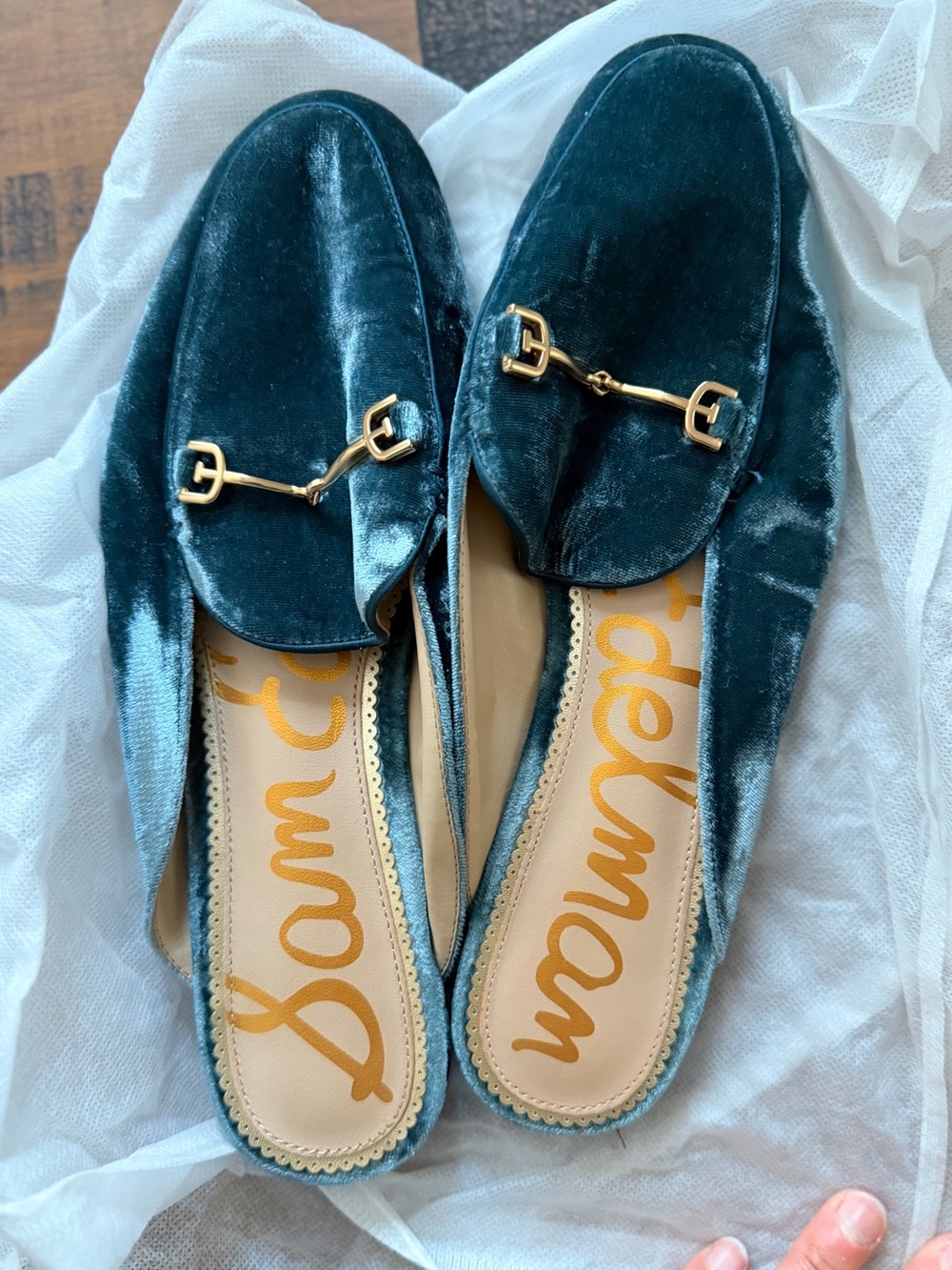 Sam Edelman Teal Velvet Horsebit Backless Loafers